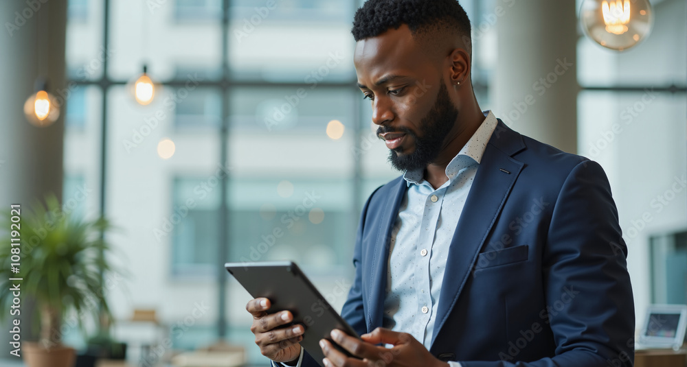 An African-American businessman checking financial reports on a tablet in an office, reflecting the importance of technology in business analysis and decision-making. An African-American businessman checking financial reports on a tablet in an office, reflecting the importance of technology in business analysis and decision-making.