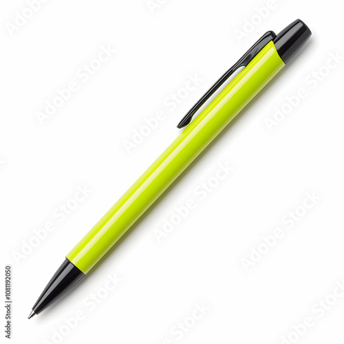 Lime Green Ballpoint Pen on White Background, lime green pen, writing instrument, stationery, office supplies, school supplies