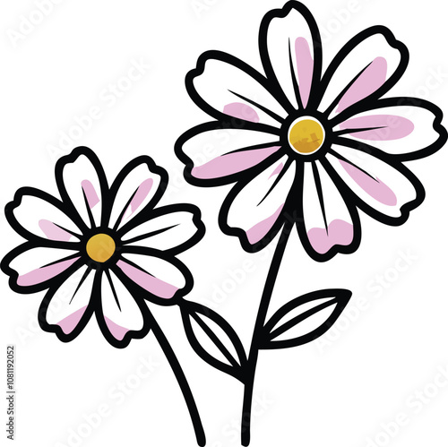 Pink and white daisy flower illustration, Vector illustration of two daisies with white petals, pink accents, and yellow centers, featuring a simple and cheerful design.
