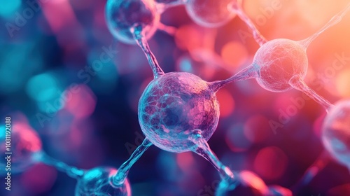 Close-up of a 3D rendered molecular structure with blue and pink hues, connected by lines, against a blurred background of bokeh lights.