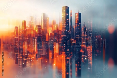 futuristic city with skyscrapers and reflections