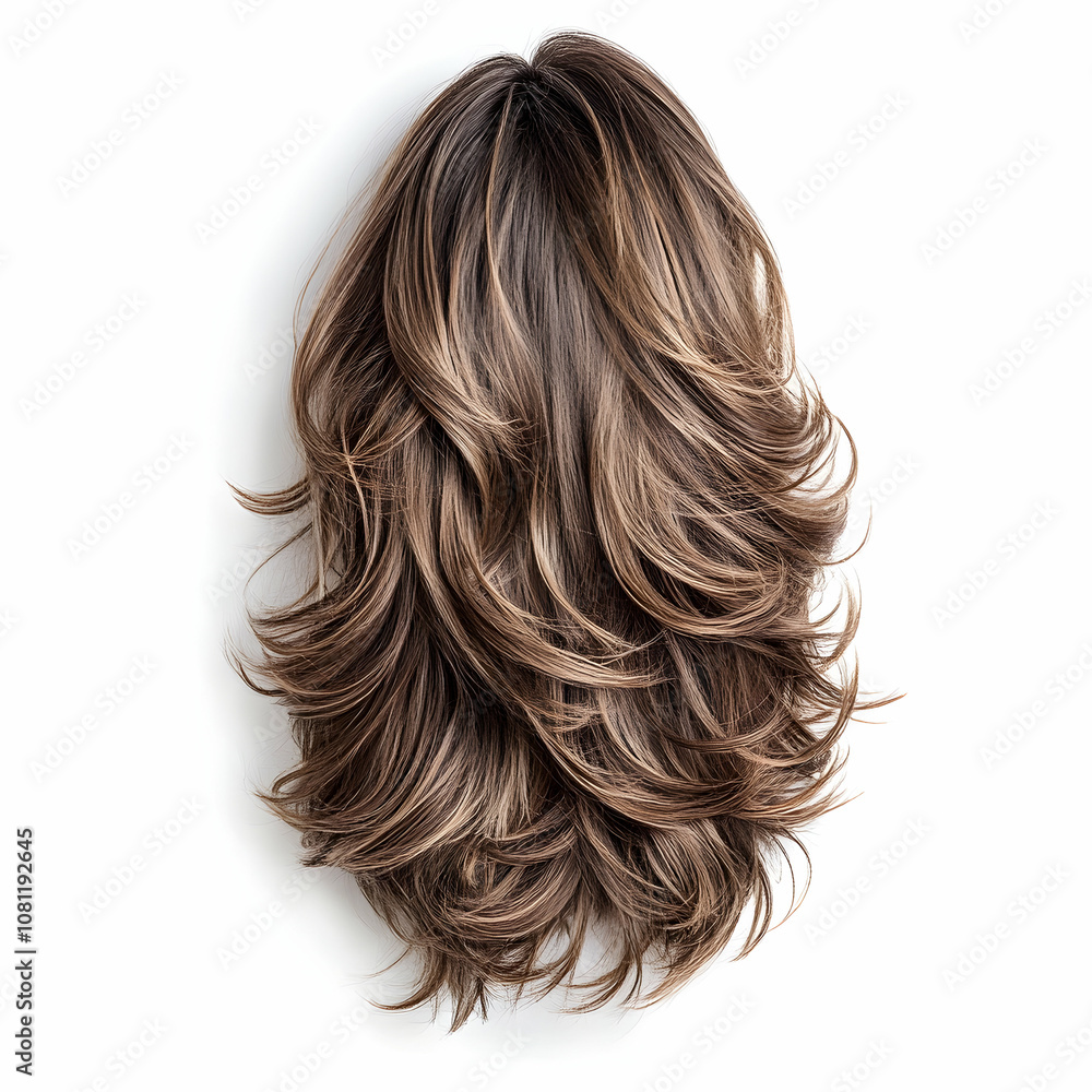 Naklejka premium Luxurious Brown Layered Wig on White Background, hairpiece, hair extension, brown hair, layered hair, long hair