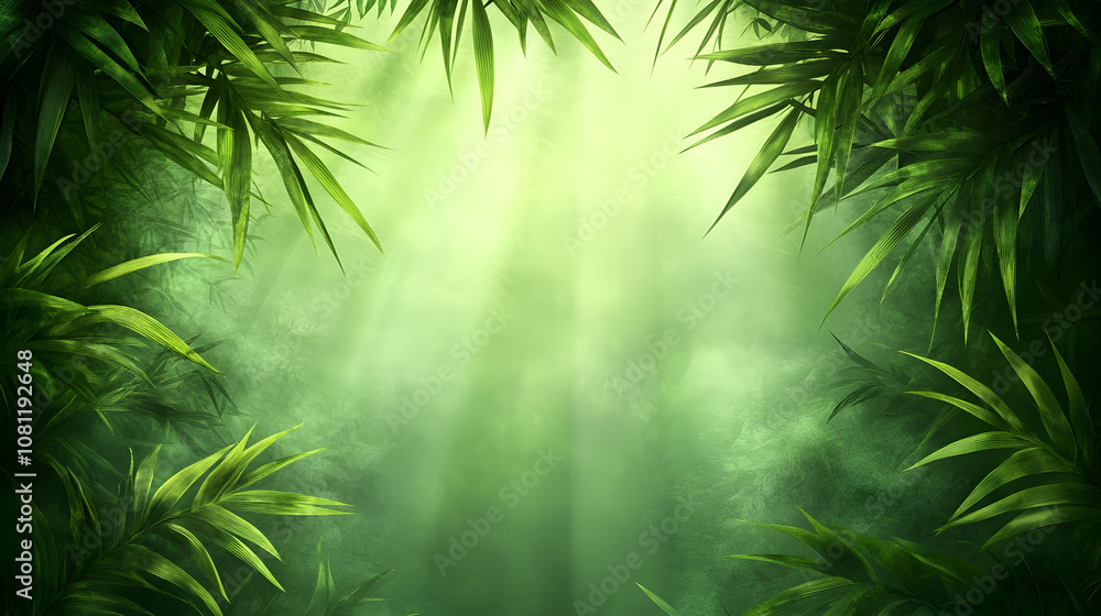 Fototapeta premium Lush Green Tropical Jungle Background, rainforest, leaves, plants, foliage, bamboo
