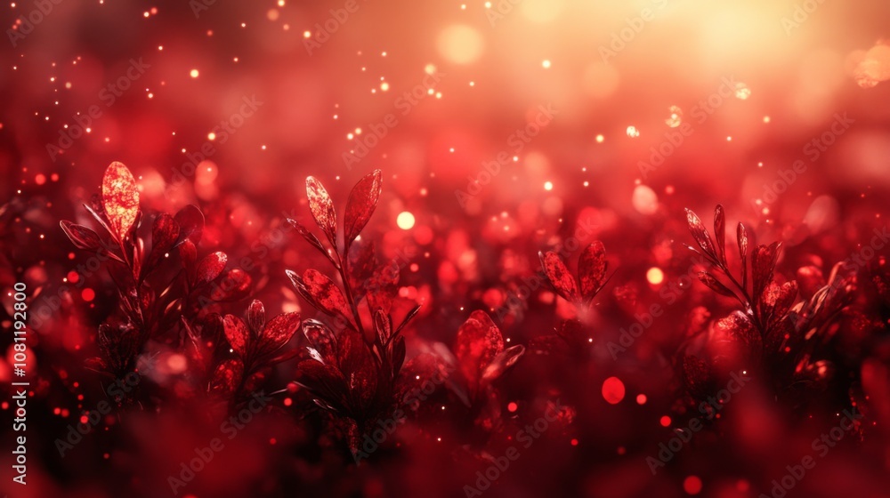 Red Leaves with Bokeh and Light in a Soft, Warm Sunset Glow