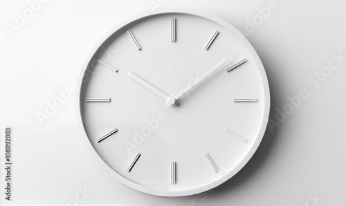 Minimalist white wall clock with clean lines and no numbers on white background