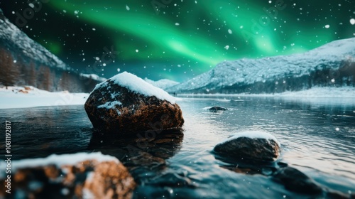 Snow-dusted rocks sit beside a calm water stream, illuminated by a mesmerizing green aurora light show overhead, creating a soothing and awe-inspiring scene. photo