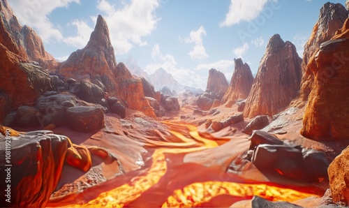 Mystical Spice Inspired Landscape with Smoldering Rock Formations and Winding Paprika Rive