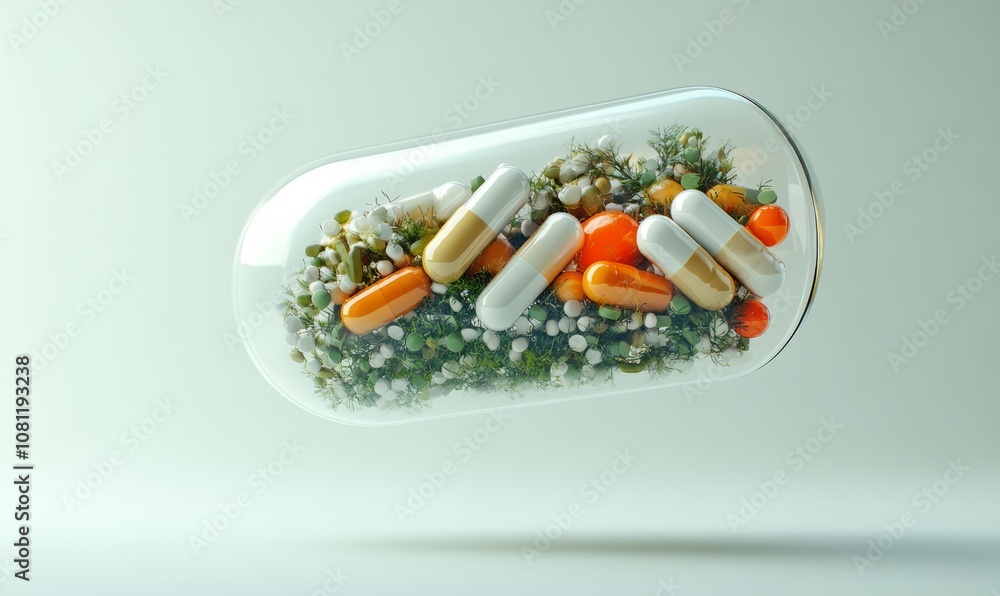 Natural vitamins and pills. Concept of food supplement in the form of medicine capsule with natural products inside, alternative medicine, health food. Natural vitamins and pills. Concept of food supplement in the form of medicine capsule with natural products inside, alternative medicine, health food.
