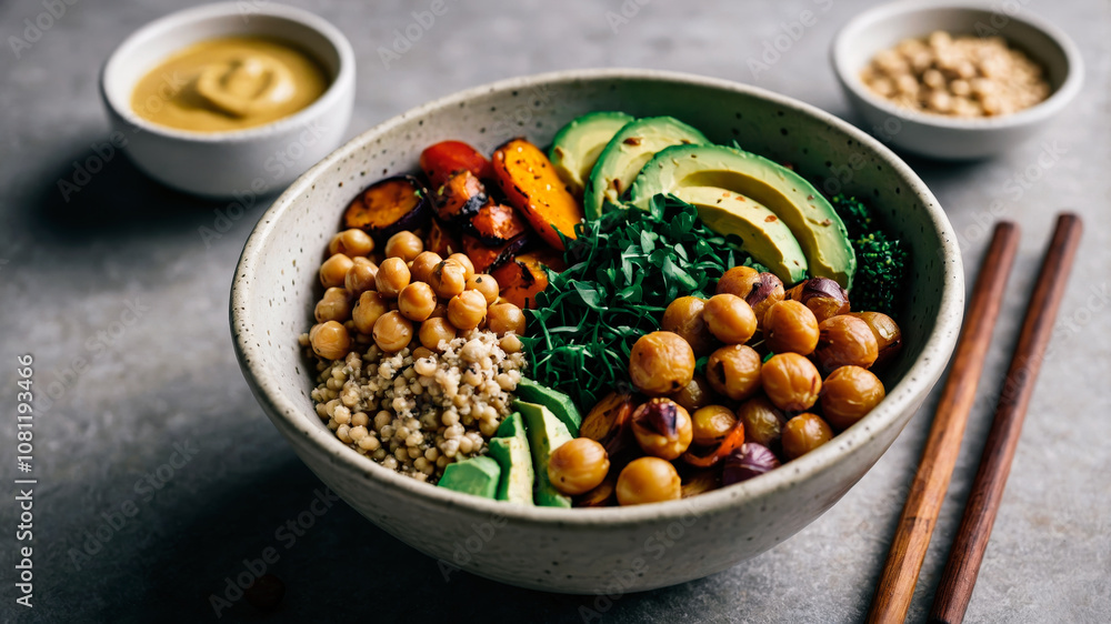 Close-Up of Avocado and Chickpea Buddha Bowl with Spinach Close-Up of Avocado and Chickpea Buddha Bowl with Spinach