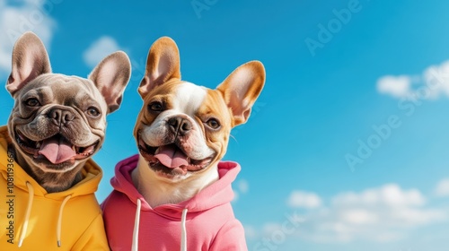 Delightful French Bulldogs clad in yellow and pink hoodies, against a clear blue sky, exhibit a blissful and fun-loving spirit ideal for pet enthusiasts. photo