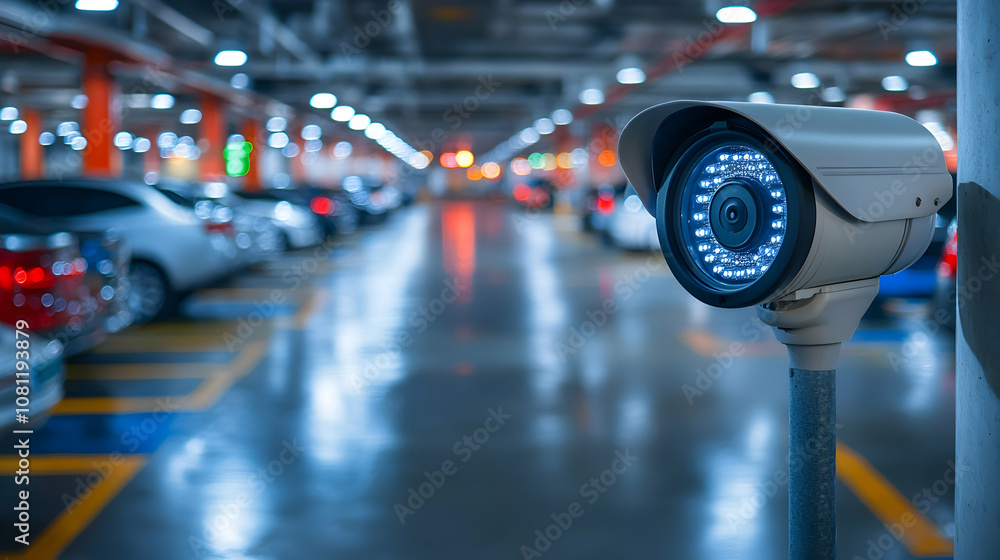 Security Camera in a Parking Garage at Night, cctv, surveillance, parking lot, cars, vehicles