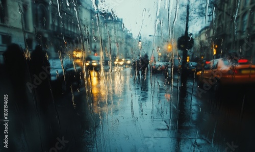 Image depicting rain falling on a city street, capturing countless reflections on the wet surface. It portrays the lively yet serene nature of urban life in rainy weather