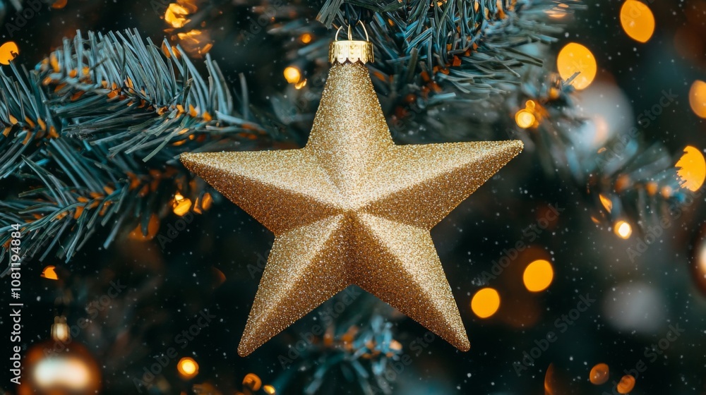 Glittering Gold Star Ornament on a Christmas Tree Glittering Gold Star Ornament on a Christmas Tree
