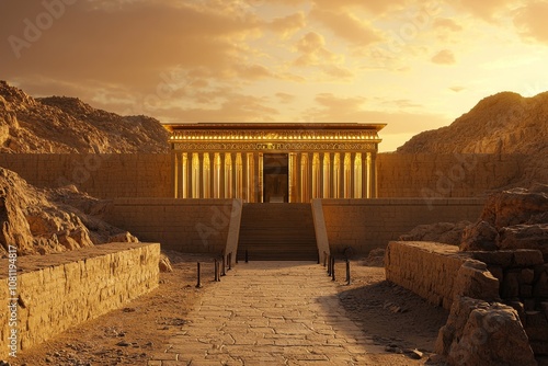 A majestic recreation of Solomon's temple with golden architectural details, intricate reliefs, and long shadows cast by the hot sunlight creating the feeling of a sense of ancient grandeur among photo