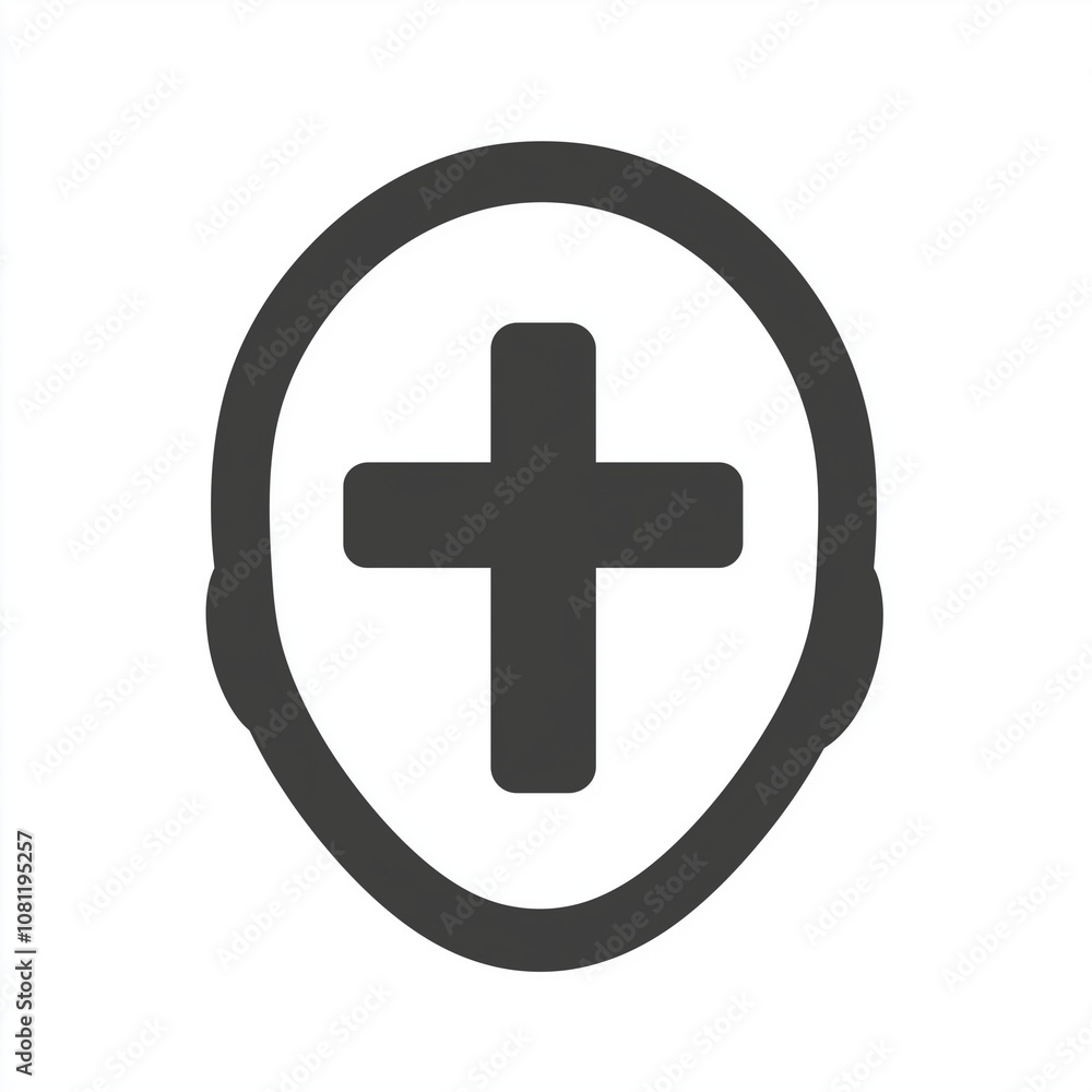 Minimalist head icon with cross symbol in black and white Minimalist head icon with cross symbol in black and white