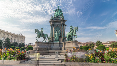 Photography Empress Maria Theresia Monument timelapse hyperlapse and Museums Quartier on a background in Vienna, Austria