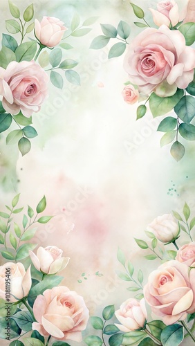 Floral design with soft pink roses and green foliage, pastel colors, background with copy space