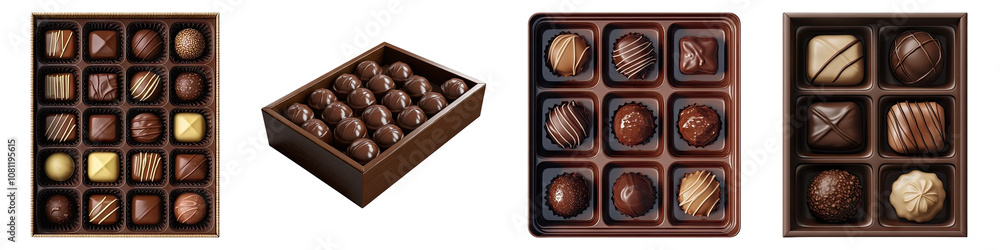 Box of chocolate candies isolated on transparent background, set of Box of chocolate candies isolated on transparent background, set of