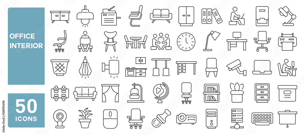 Set of 50 line icons related to office interior, business, workshop, desk, workspace, furniture, room, meeting, supplies, shelf, Editable stroke. Vector illustration Set of 50 line icons related to office interior, business, workshop, desk, workspace, furniture, room, meeting, supplies, shelf, Editable stroke. Vector illustration