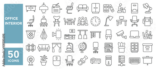 Set of 50 line icons related to office interior, business, workshop, desk, workspace, furniture, room, meeting, supplies, shelf, Editable stroke. Vector illustration