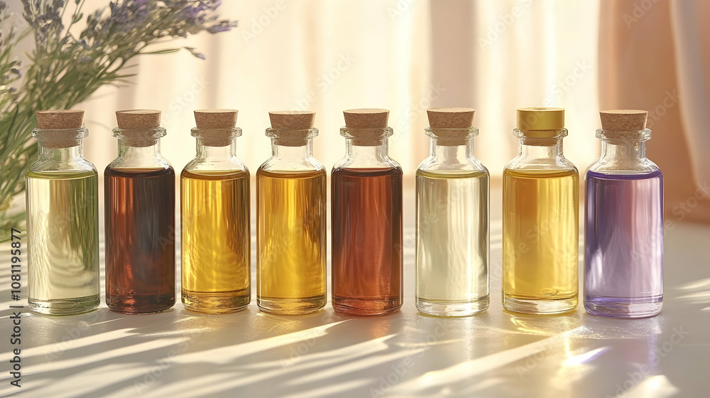 Collection of Essential Oils in Glass Bottles, aromatherapy, cork, amber, lavender, light Collection of Essential Oils in Glass Bottles, aromatherapy, cork, amber, lavender, light
