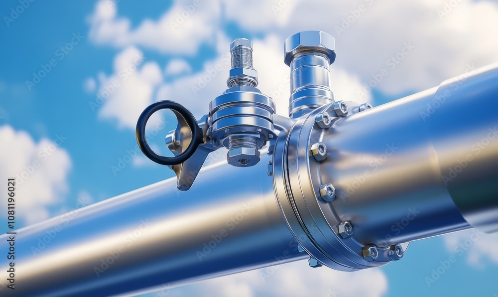 Industrial metal pipeline with valve on blue sky background. Gas pipeline, oil pipeline, Copy space Industrial metal pipeline with valve on blue sky background. Gas pipeline, oil pipeline, Copy space