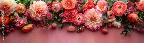 Many different flowers that are on a pink surface, plant background, banner photo