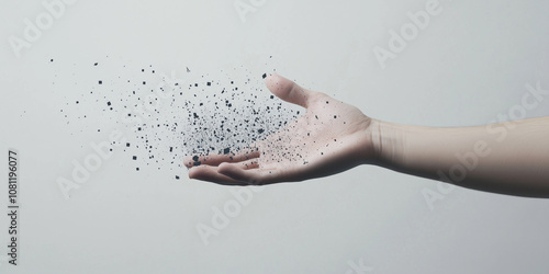 Hand disintegrating into pixel particles