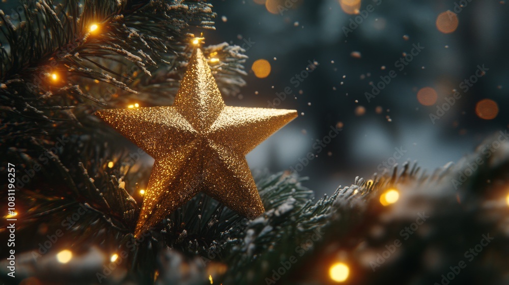 Golden Star Ornament on a Snowy Evergreen Branch with String Lights Golden Star Ornament on a Snowy Evergreen Branch with String Lights