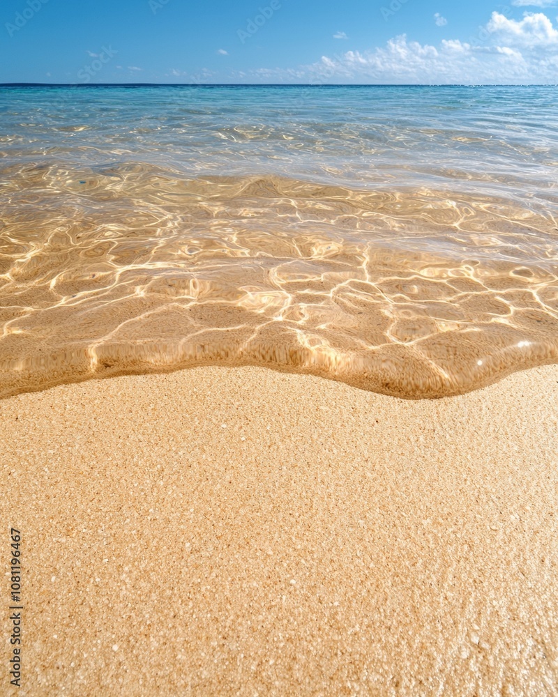 Tranquil beach scene with crystal clear water and golden sand Tranquil beach scene with crystal clear water and golden sand