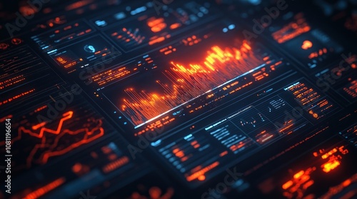 A close-up of a digital dashboard with various graphs and charts in a dark futuristic setting.