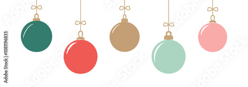 Set of five minimalist Christmas ornaments in various colors - green, red, gold, mint, and pink hanging with small bow ties isolated on white background. Holiday decoration, festive Christmas Balls