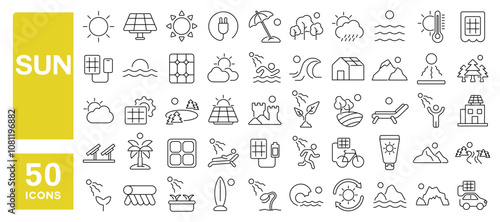 Set of 50 line icons related to sun, sunshine, summer, solar, rays, protection, coast, sunblock, power, sunlight, Editable stroke. Vector illustration