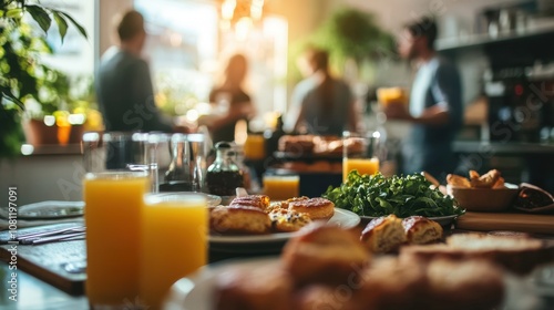 A Table Spread with Orange Juice, Pastries, and Salad