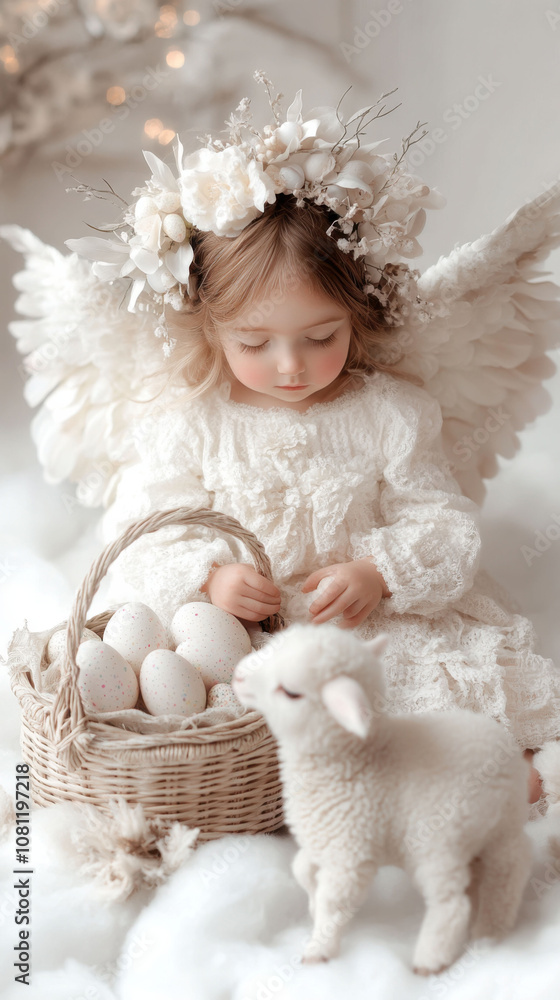 Little angel with wings and floral crown sits with a lamb and basket of eggs, AI Little angel with wings and floral crown sits with a lamb and basket of eggs, AI