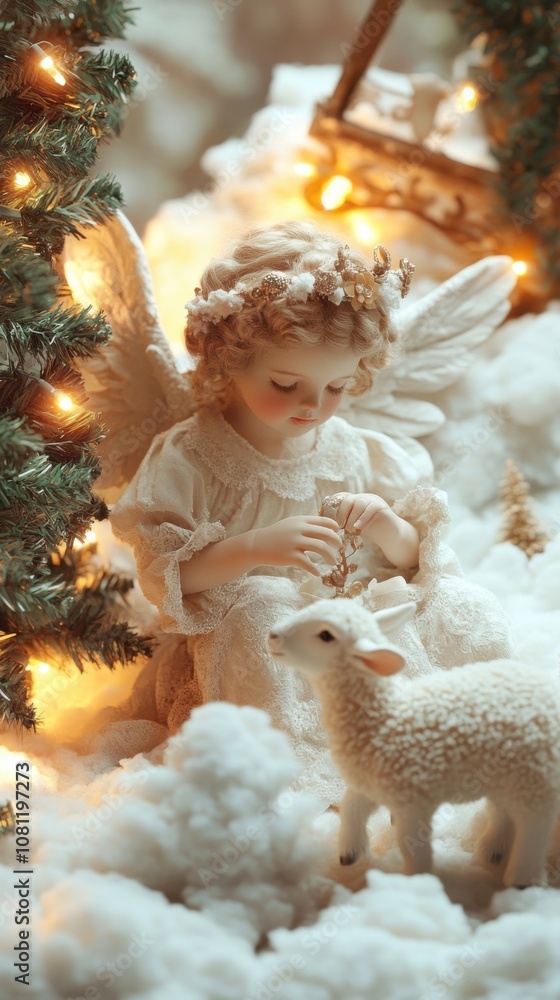 Angel figurine with lamb amidst snowy Christmas scene, AI Angel figurine with lamb amidst snowy Christmas scene, AI