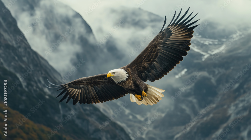 bald eagle soars high above misty mountain peaks bald eagle soars high above misty mountain peaks
