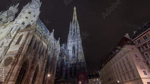 St. Stephen's Cathedral night timelapse hyperlapse, the mother church of Roman Catholic Archdiocese of Vienna, Austria