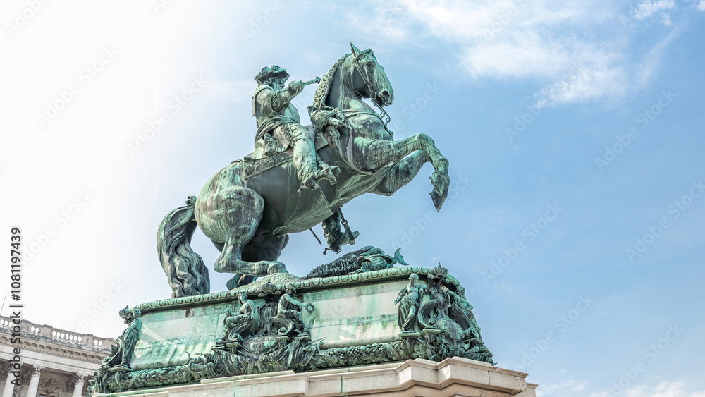 Equestrian statue of Prince Eugene of Savoy timelapse hyperlapse in front of Hofburg palace, Heldenplatz, Vienna, Austria. Equestrian statue of Prince Eugene of Savoy timelapse hyperlapse in front of Hofburg palace, Heldenplatz, Vienna, Austria.