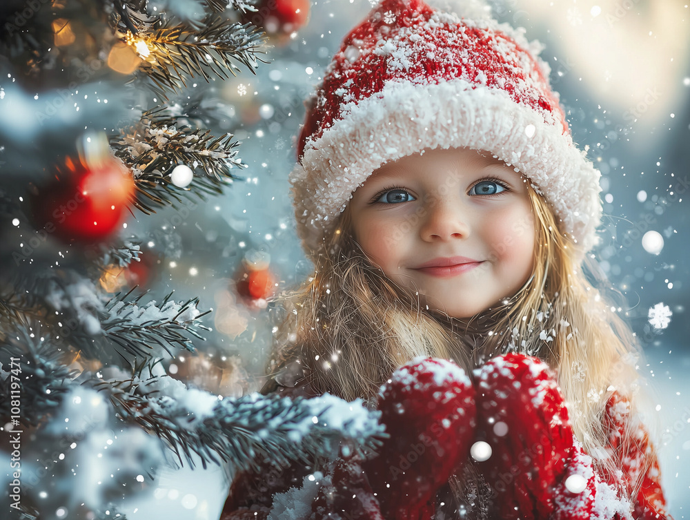 A child in a red hat and mittens smiling in a snowy outdoor setting with a Christmas tree decorated with red ornaments. A child in a red hat and mittens smiling in a snowy outdoor setting with a Christmas tree decorated with red ornaments.