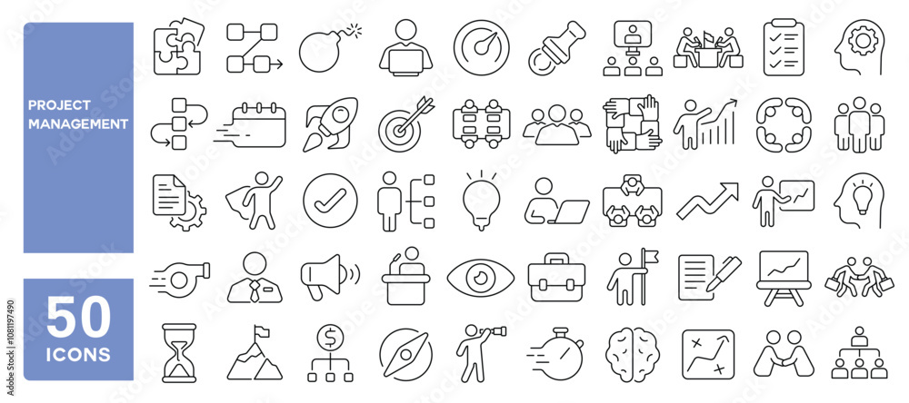 Set of 50 line icons related to project management, manage, decision, agreement, deadline, team, strategy, work, solution, business, Editable stroke. Vector illustration Set of 50 line icons related to project management, manage, decision, agreement, deadline, team, strategy, work, solution, business, Editable stroke. Vector illustration