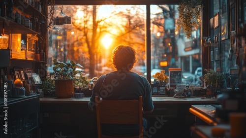 Golden Hour Reflections: A solitary figure, silhouetted against a vibrant sunset, gazes out from a cozy cafe window. The warm glow of the evening light casts a peaceful ambiance.