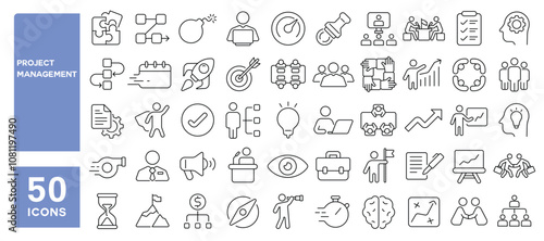 Set of 50 line icons related to project management, manage, decision, agreement, deadline, team, strategy, work, solution, business, Editable stroke. Vector illustration