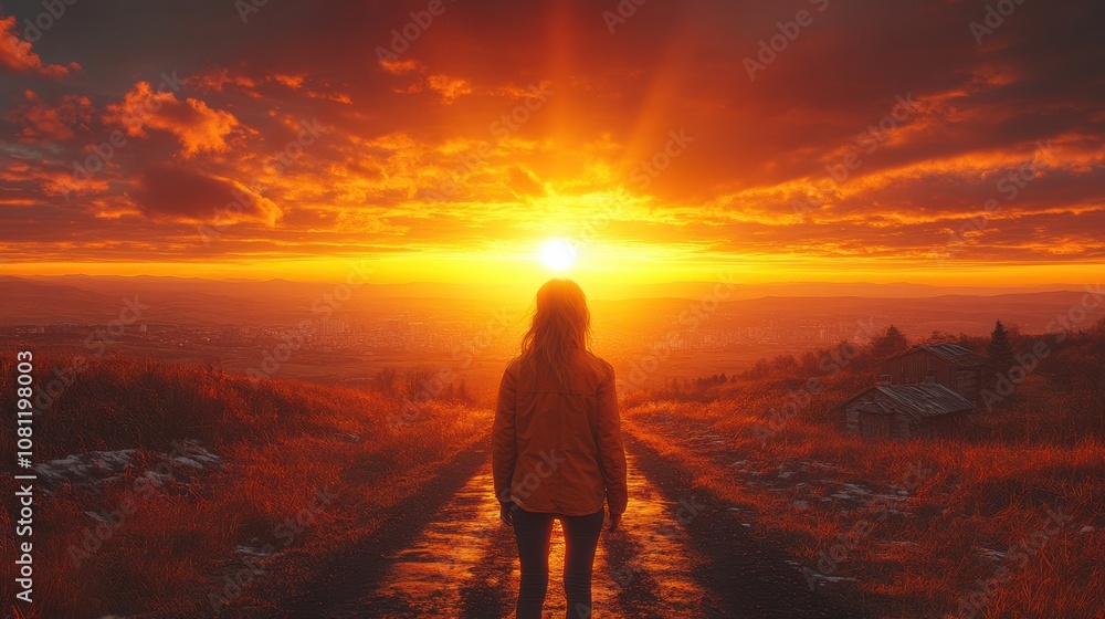 Sunrise on the Horizon: A solitary figure stands on a path, silhouetted against a breathtaking sunrise, symbolizing hope, new beginnings, and the promise of a brighter future. Sunrise on the Horizon: A solitary figure stands on a path, silhouetted against a breathtaking sunrise, symbolizing hope, new beginnings, and the promise of a brighter future.