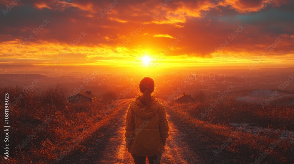 Sunrise on the Horizon: A solitary figure stands on a rural road, bathed in the golden light of a breathtaking sunrise, symbolizing hope, possibility, and the promise of a new day. Sunrise on the Horizon: A solitary figure stands on a rural road, bathed in the golden light of a breathtaking sunrise, symbolizing hope, possibility, and the promise of a new day.