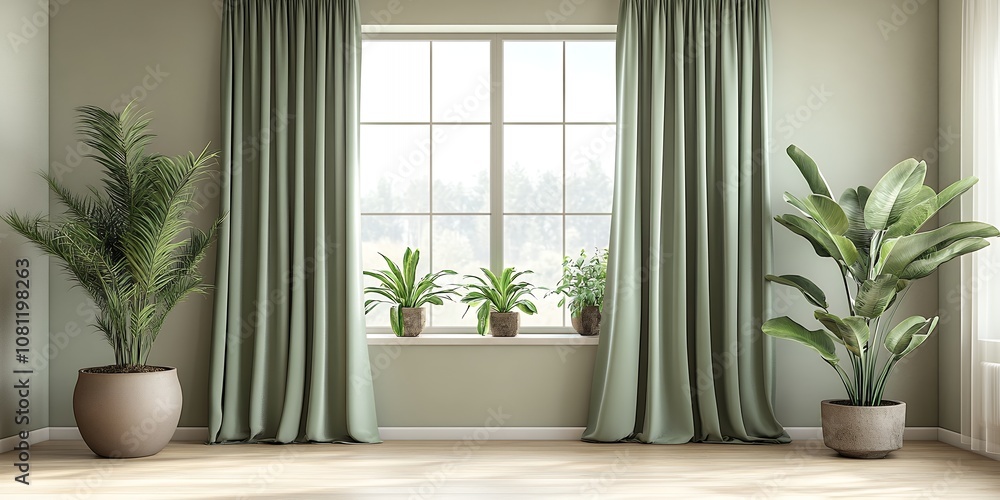 A Serene Living Space Featuring Large Potted Plants and Soft Green Curtains in Natural Daylight, Enhancing the Calm Atmosphere Within the Cozy Indoor Environment A Serene Living Space Featuring Large Potted Plants and Soft Green Curtains in Natural Daylight, Enhancing the Calm Atmosphere Within the Cozy Indoor Environment