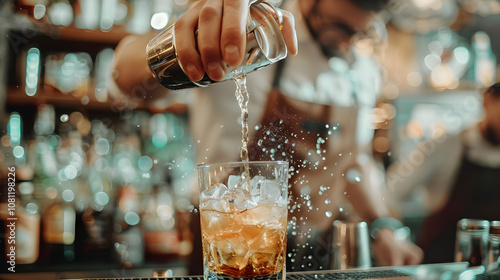 Bartender expertly straining refreshing cocktail into glass, showcasing mixology skills and precision technique. photo