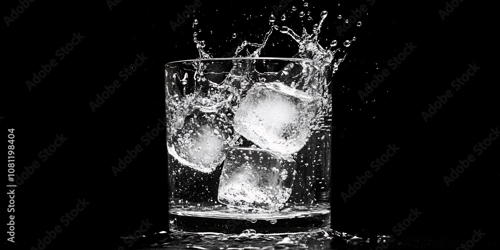 A Glass Filled With Ice Cubes Splashes Water in a Dramatic Display Against a Black Background, Creating a Refreshing Visual Effect A Glass Filled With Ice Cubes Splashes Water in a Dramatic Display Against a Black Background, Creating a Refreshing Visual Effect