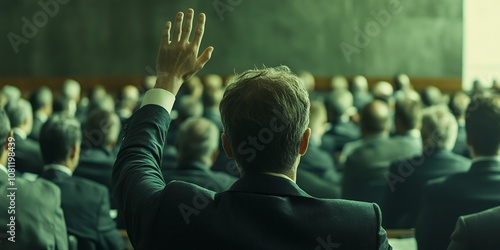 A Business Meeting in Progress With Attendees Engaged in Discussion and One Person Raising Their Hand to Ask a Question in a Large Conference Room During the Afternoon