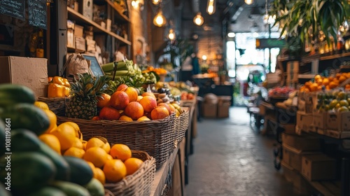 Cozy fruit market with fresh produce baskets